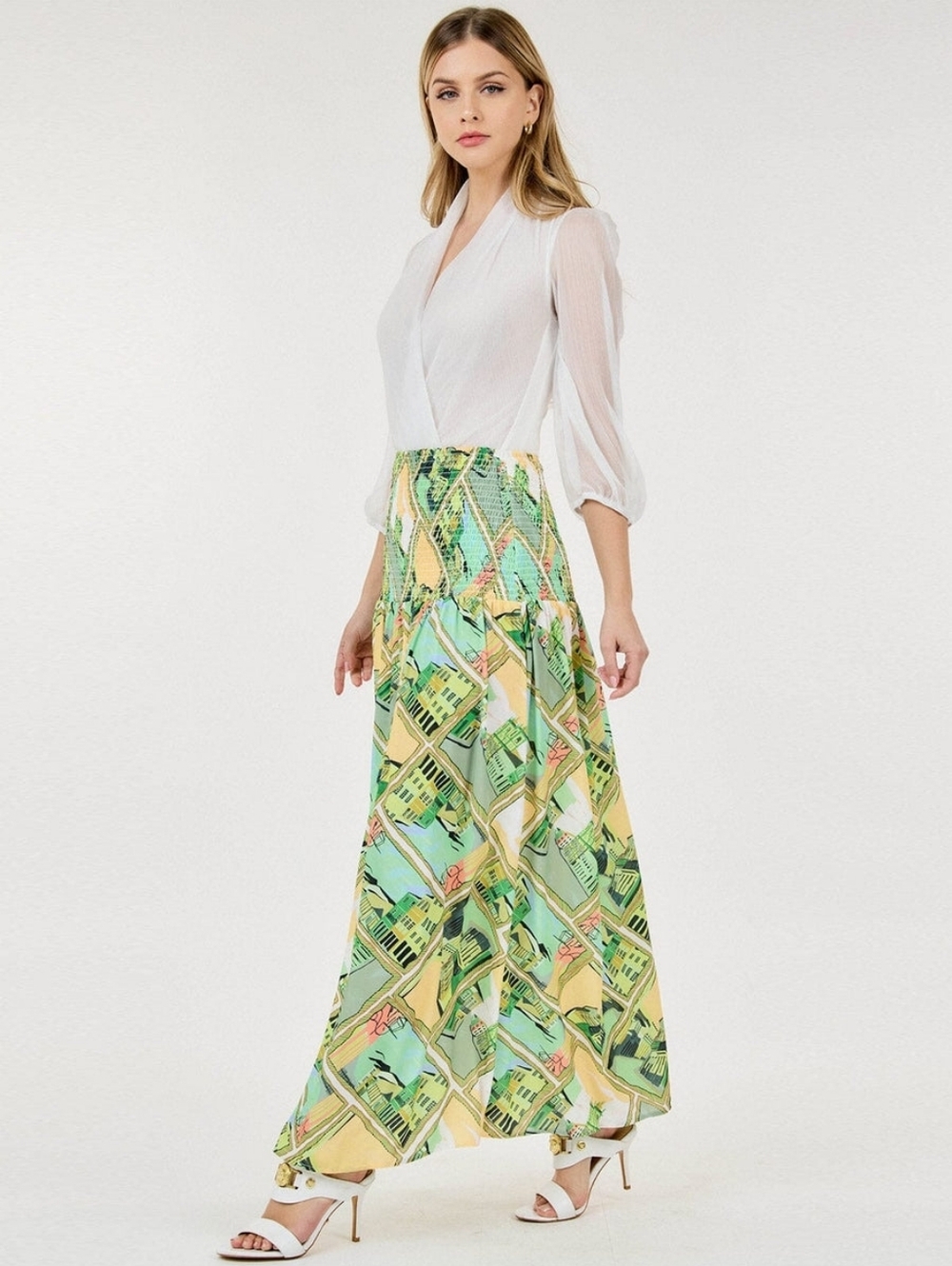 Smock Waist Floral Maxi Skirt Green - Picture 5 of 10
